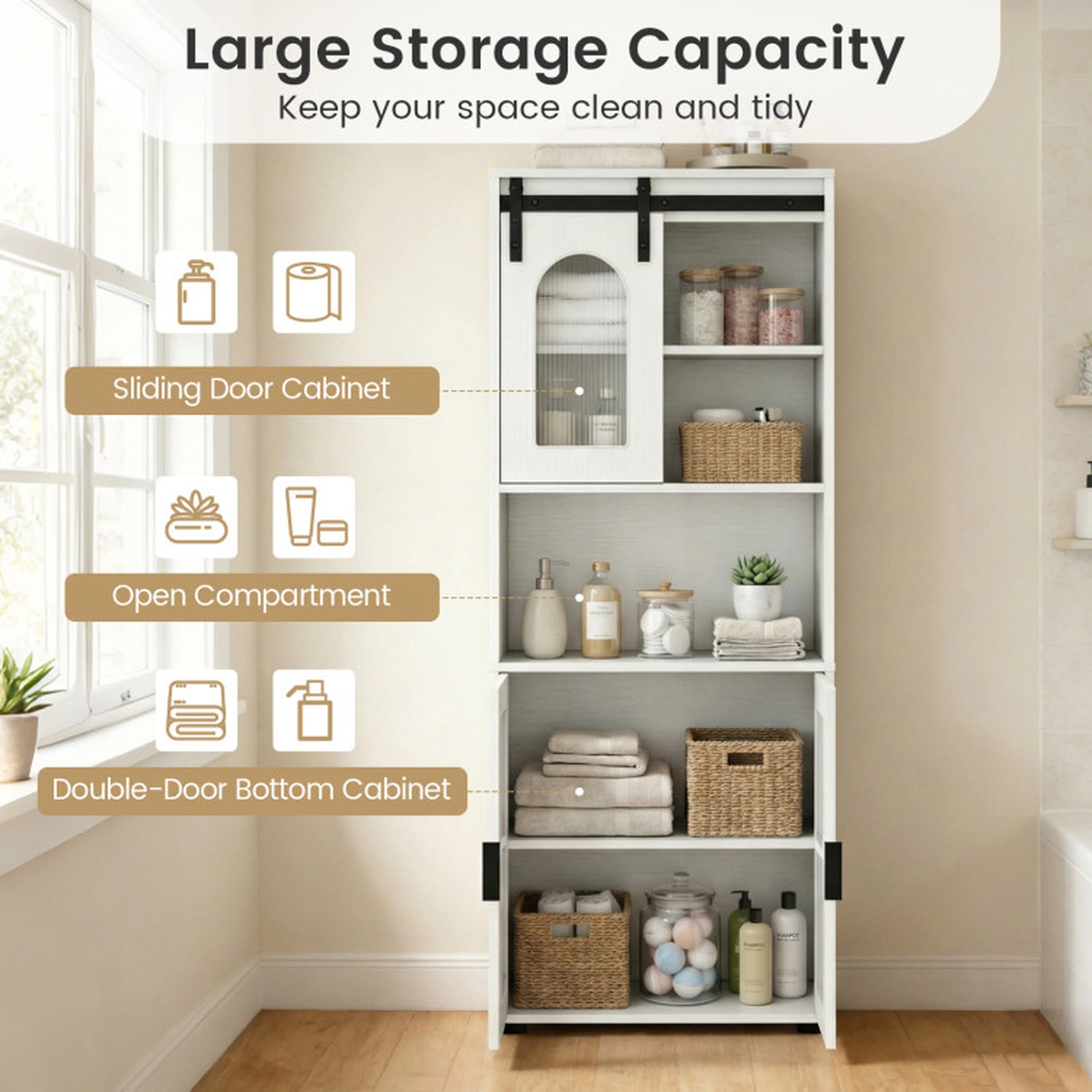 SUGIFT Farmhouse Bathroom Floor Cabinet with Sliding Barn Door 59-in Tall 44-lb Shelf Capacity Natural/White