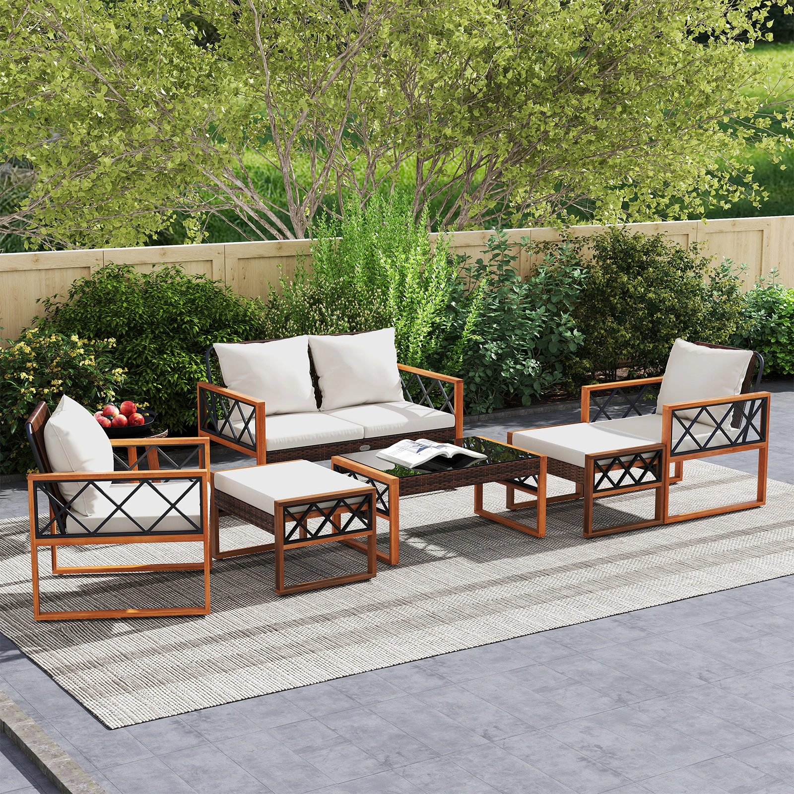 LJG 7 Pieces Patio Furniture Set PE Wicker Acacia Wood Outdoor Conversation Set