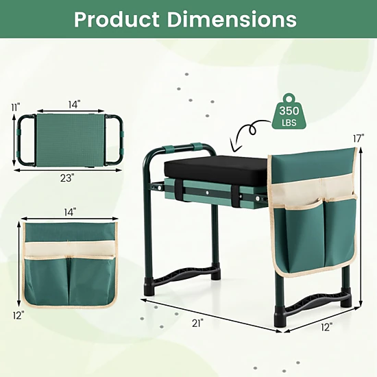 SUGIFT Foldable Detachable Kneeling Pad EVA Padding Garden Kneeler Seat 21-in x 12-in x 17-in 350-lb Capacity Green