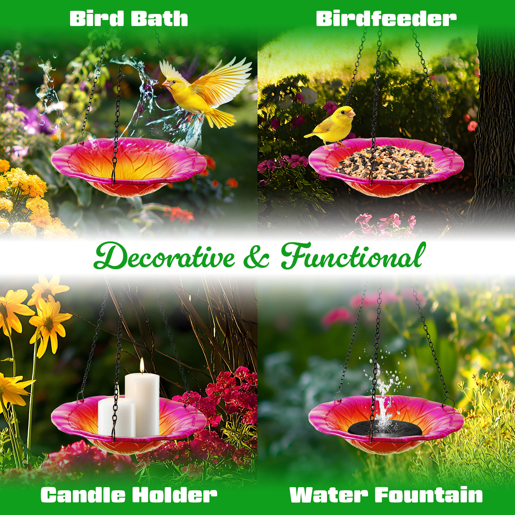 G128 8-inch Hanging Glass Bird Bath and Feeder, Pink Flower Design