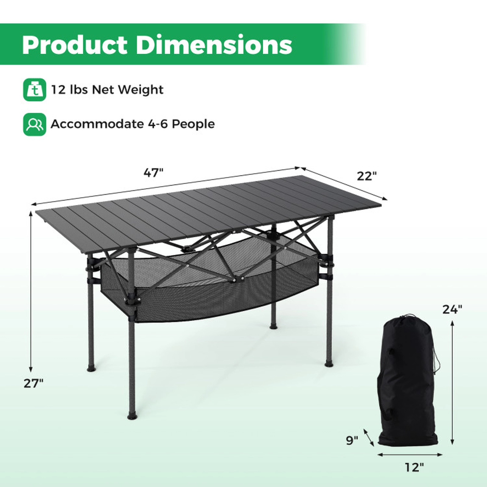 SUGIFT 47-Inch Aluminum Roll-Up Camping Table, 220-Lb Capacity, Mesh Basket and Carry Bag