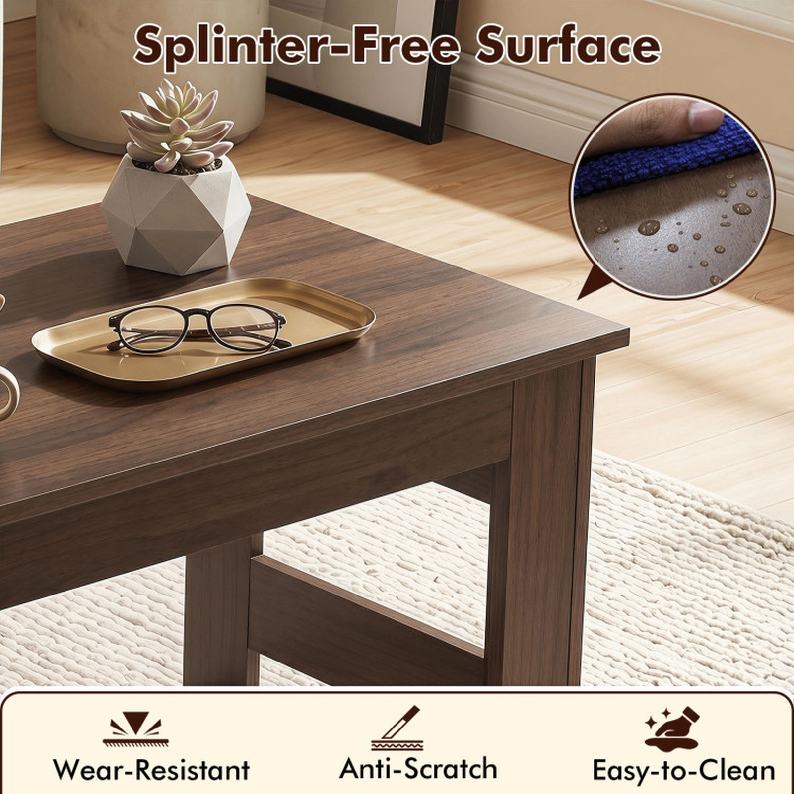 SUGIFT 31.5-in 14-in Tall Portable Low Floor Coffee Table with Foldable Legs and 1.7-in Folded Thickness