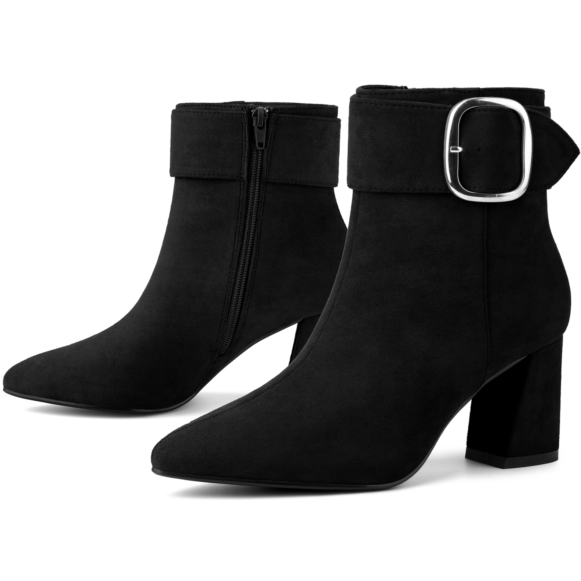 BLISSFUL STEP Women Faux Suede Pointed Toe Square Buckle Chunky Heels Ankle Boots