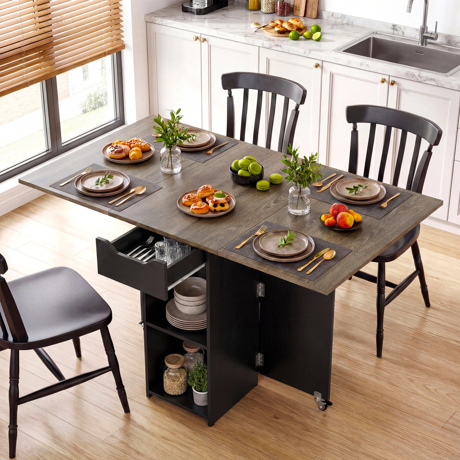 SUGIFT 47.5-Inch Oak Drop-Leaf Dining Table with Drawer, Shelves and Lockable Wheels