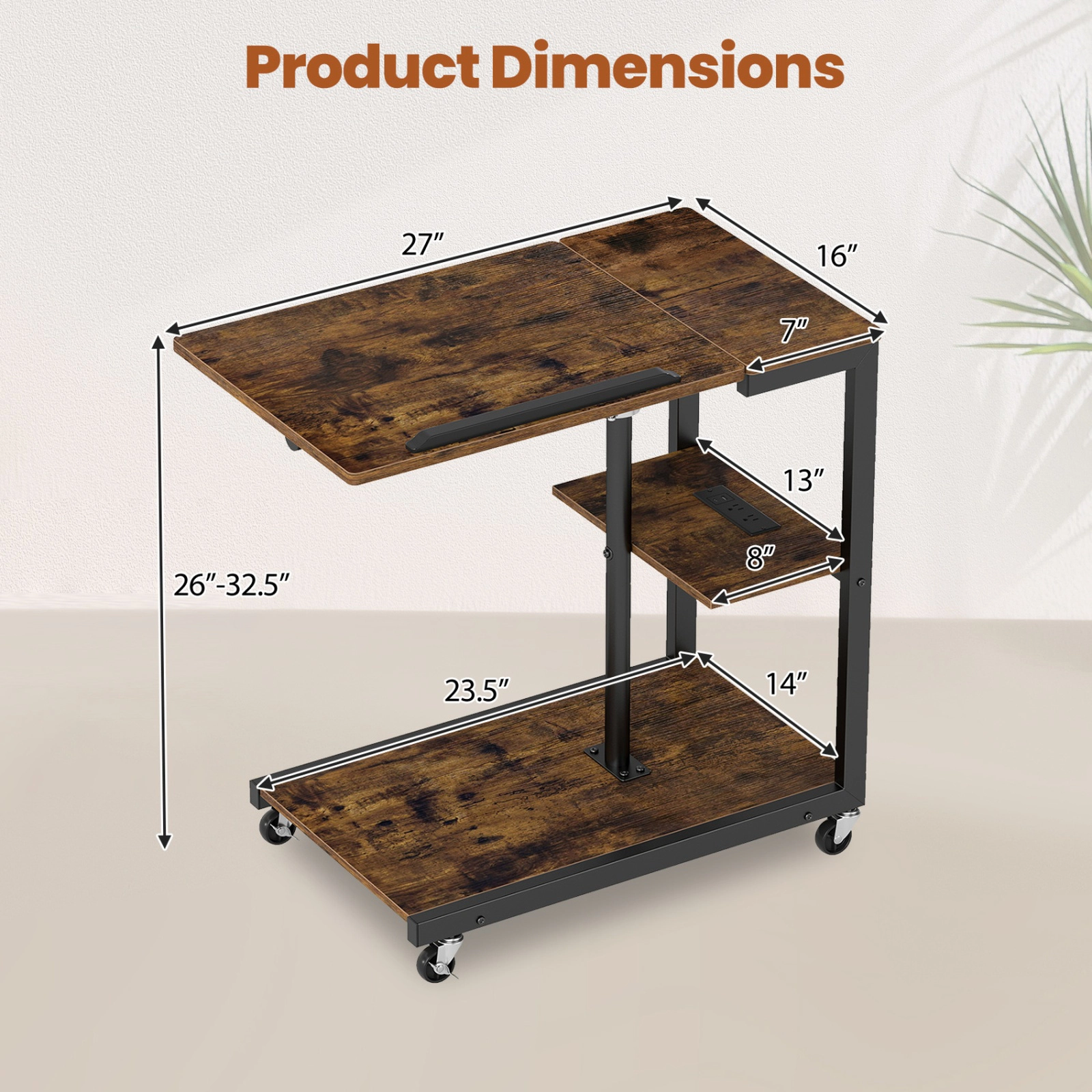SUGIFT Set of 2 Charging Station Tilt Top 3-Tier C-Shaped Side Tables 26-in to 32.5-in 44-lb Capacity Rustic Brown