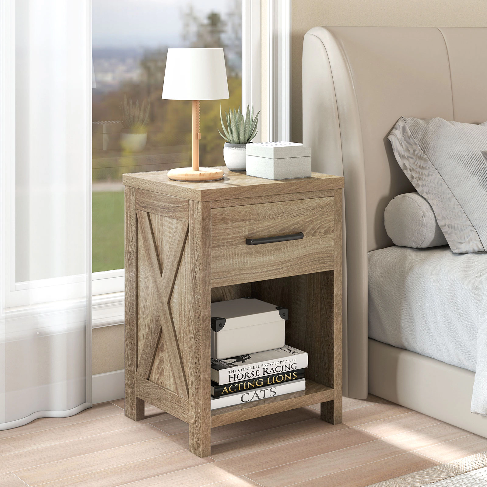 Hivvago Wooden Bedside Unit with Shelf and Pull-Out Drawer