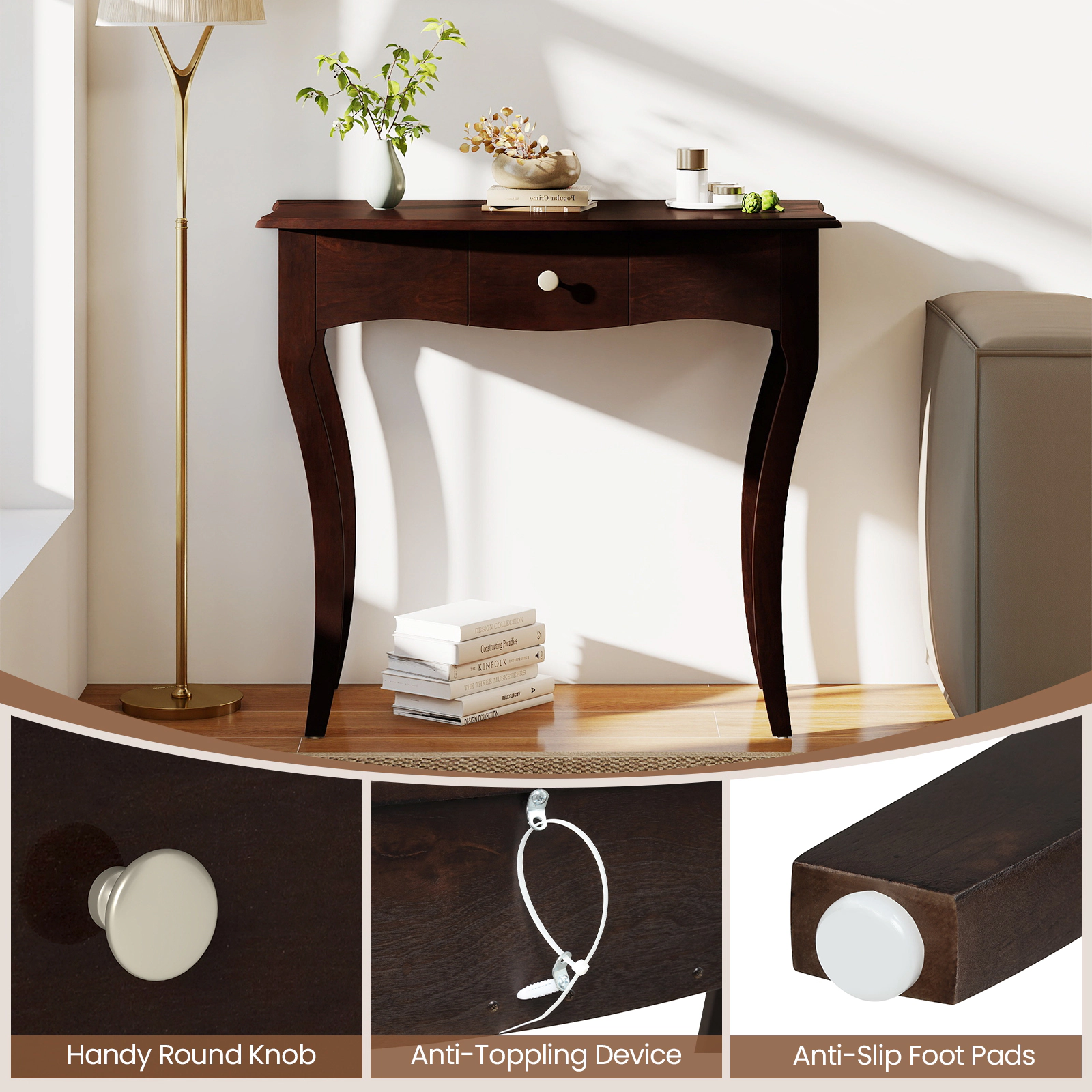 SUGIFT 34-in Console Table with Drawer and Solid Wood Frame 180-lb Tabletop Capacity Overall 220-lb Capacity Espresso