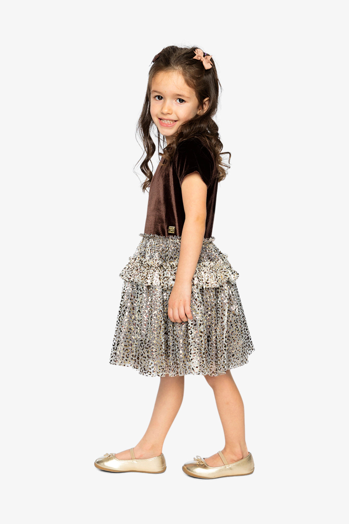 Deux par Deux Girls Bi-Material Short Sleeve Dress with Metallic Leopard Printed Mesh Skirt