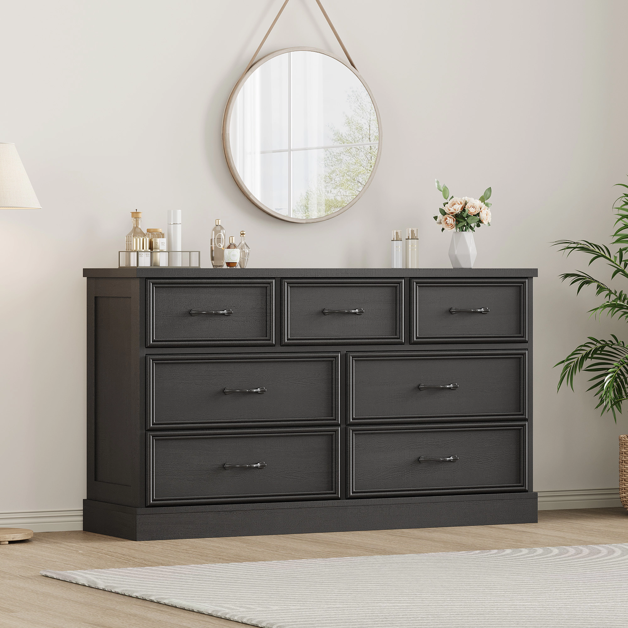 7 Drawer Wooden Dresser, 55" Wide Chest with Large Storage for Bedroom or Living Room