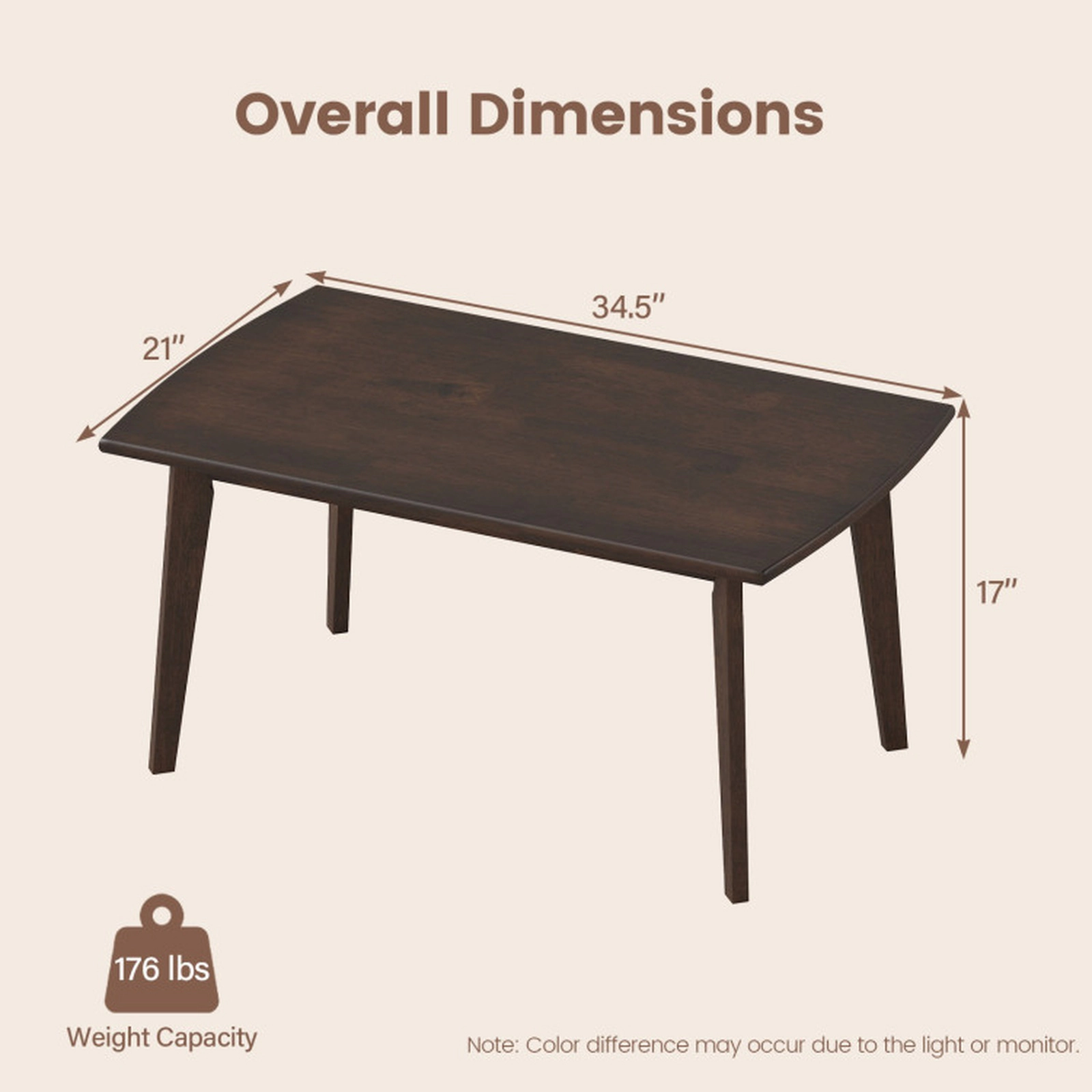 SUGIFT Solid Rubber Wood Tapered Legs Mid Century Modern Coffee Table 34.5-in x 21-in x 17-in 176-lb Capacity Walnut
