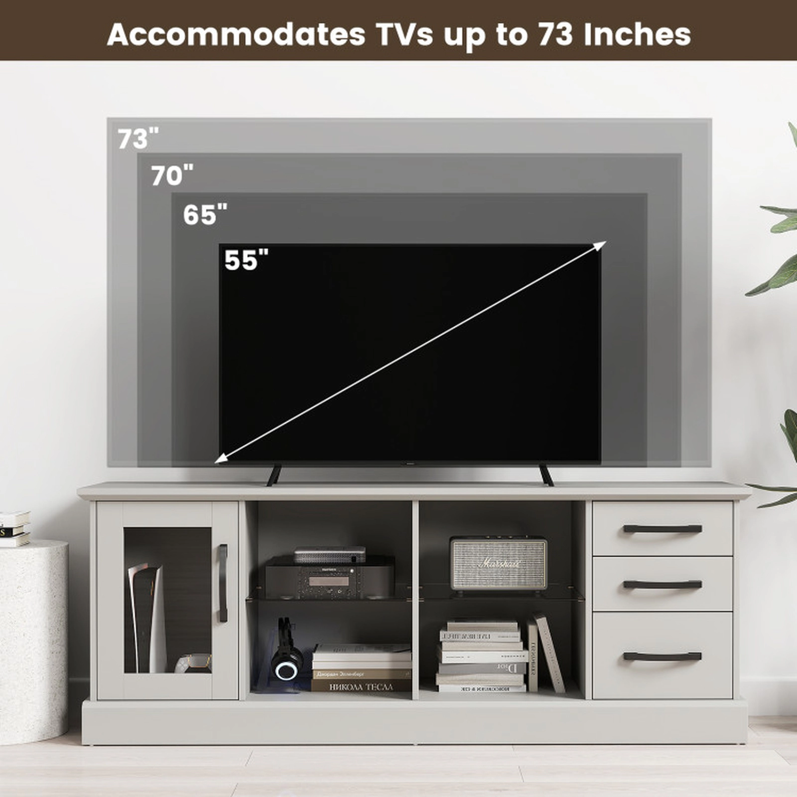 SUGIFT 63-in Media Console TV Stand Table with 3 Drawers and 2 Glass Shelves 550-Lb Countertop Capacity Black/Gray