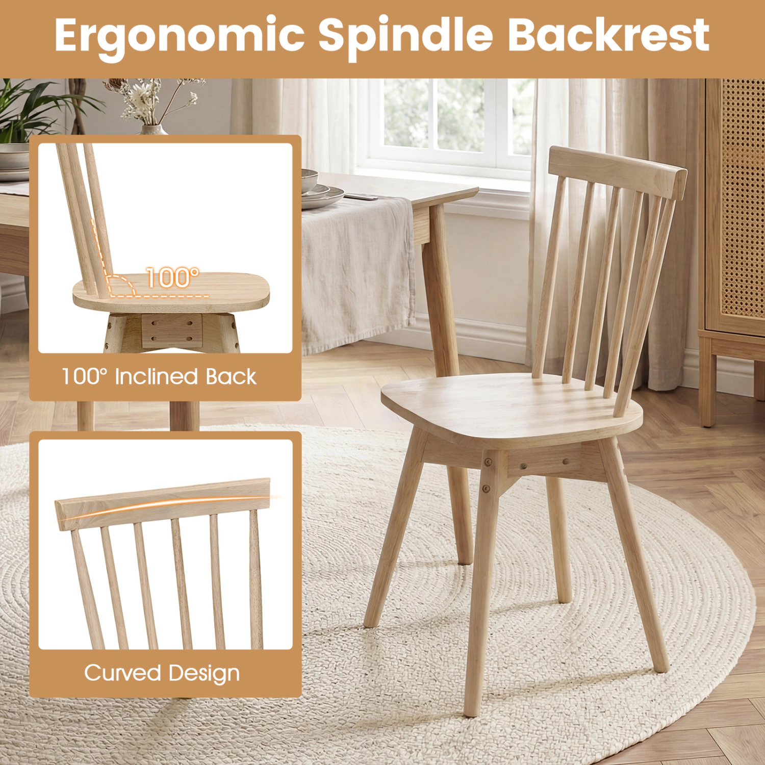 LJG Windsor Dining Chairs Set of Mid Century Rubber Wood Kitchen with Swivel Seat