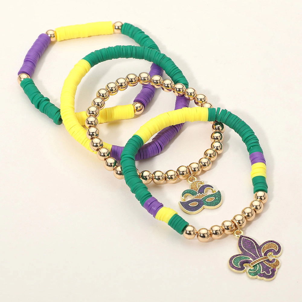 FASHNZFAB 4PCS - Mardi Gras Fleur de Lis Eye Mask Charm Heishi Beaded Stretch Multi Layered Bracelets