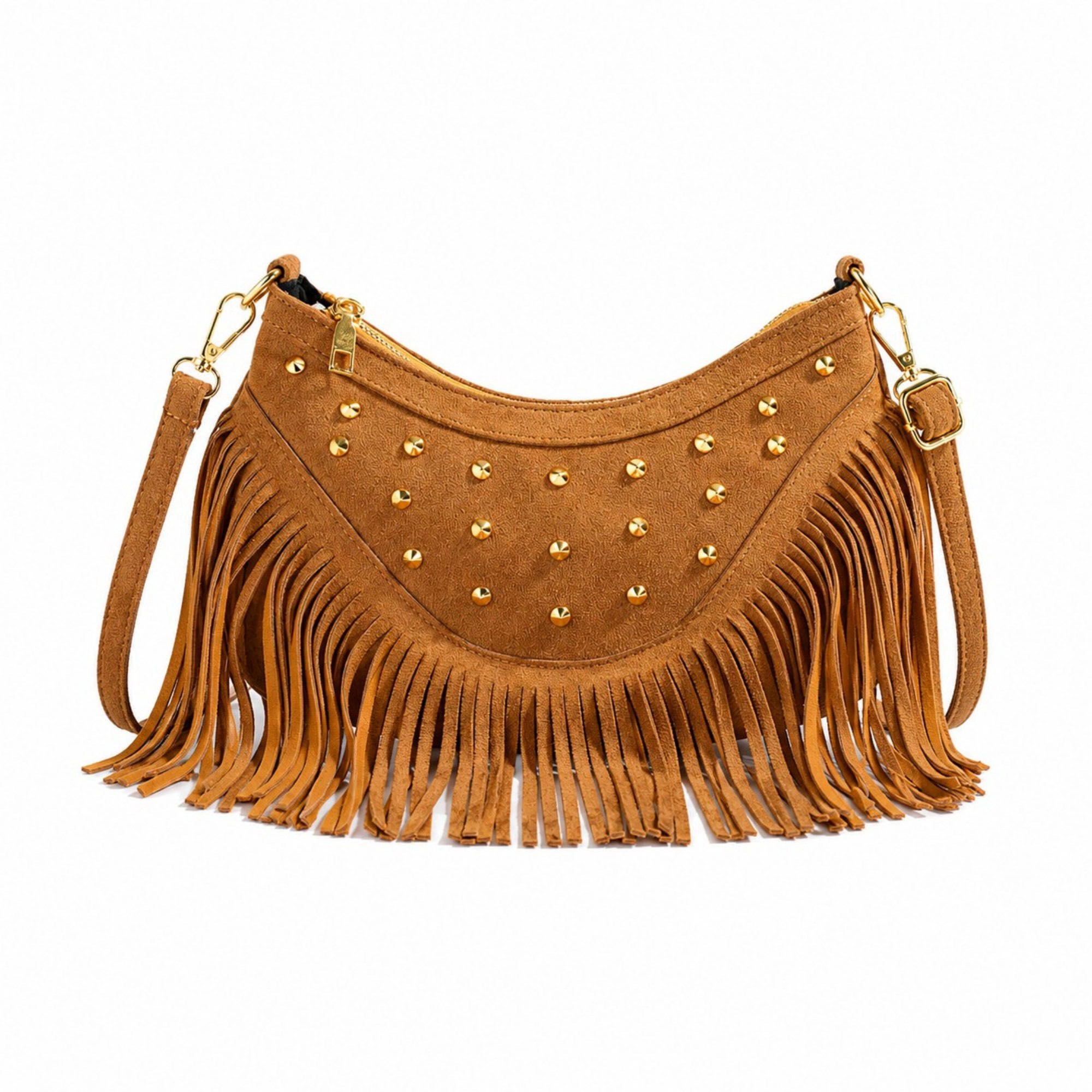 Alilang Women's Studded Fringe Crossbody Bag Suede Look Crescent Shoulder Purse with Adjustable Strap