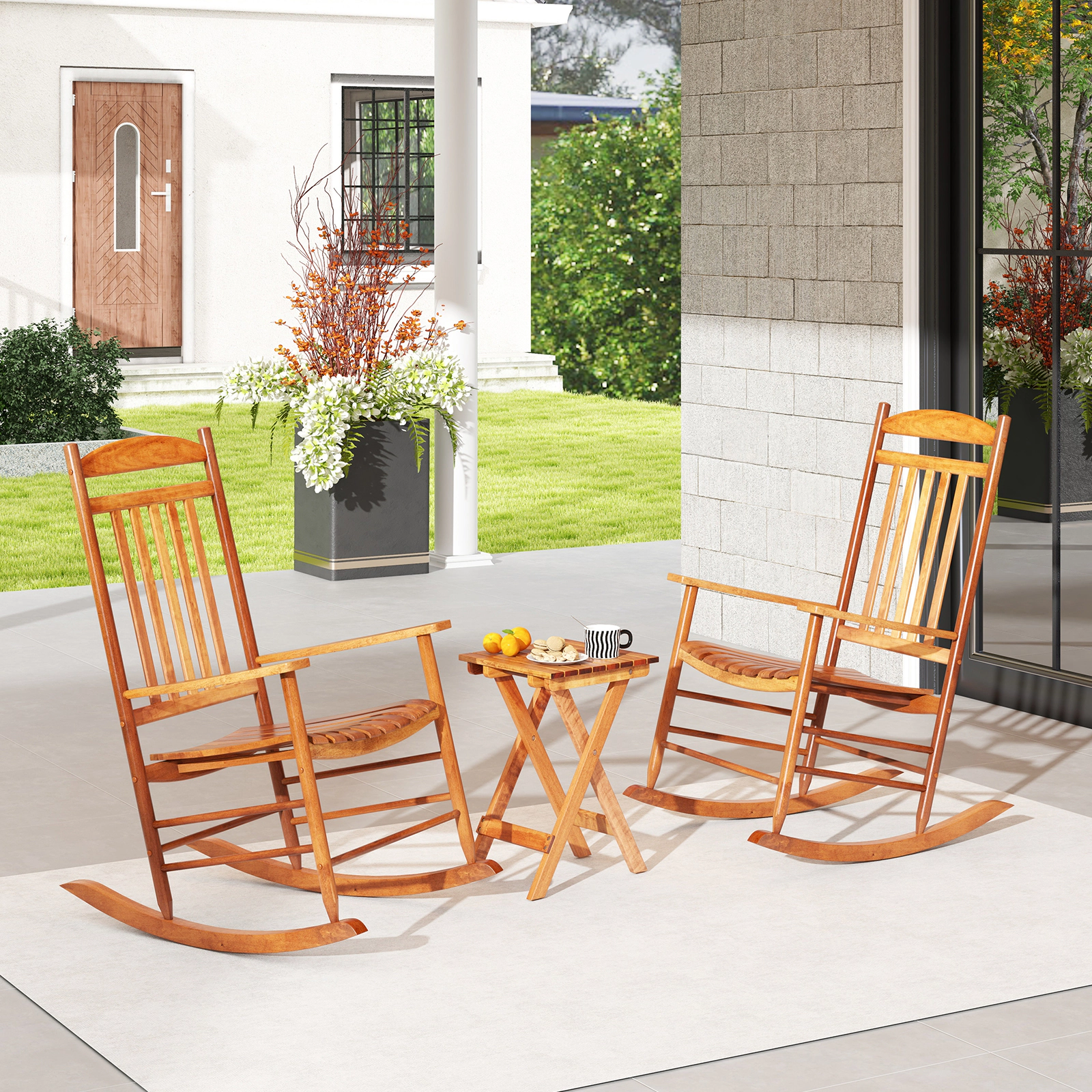 SUGIFT 3-Piece Poplar Wood Rocking Conversation Bistro Set with Folding Side Table 400-Lb Rocker Capacity Natural