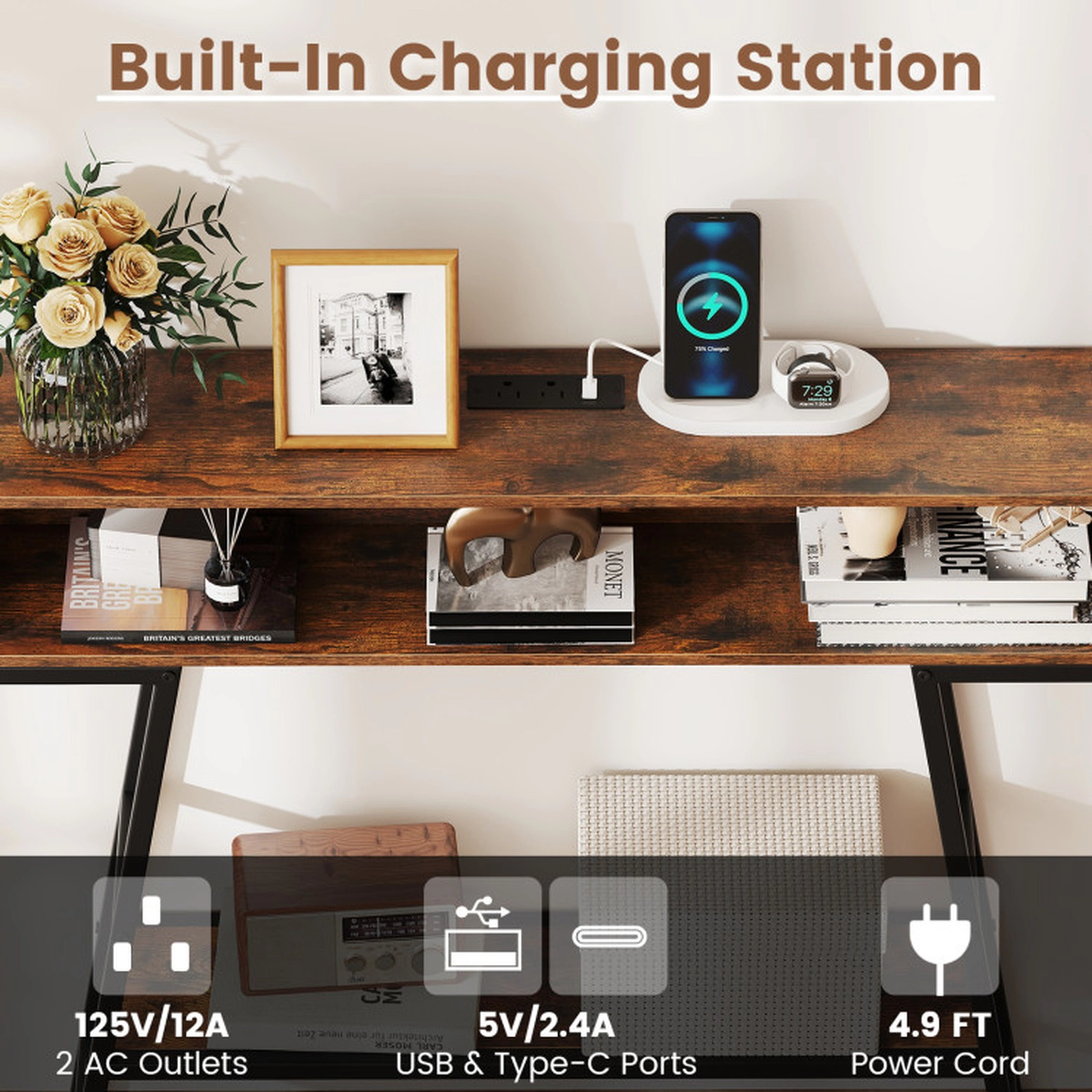 SUGIFT Engineered Wood Metal Frame RGB LED USB C Charging Console Table In Rustic Brown