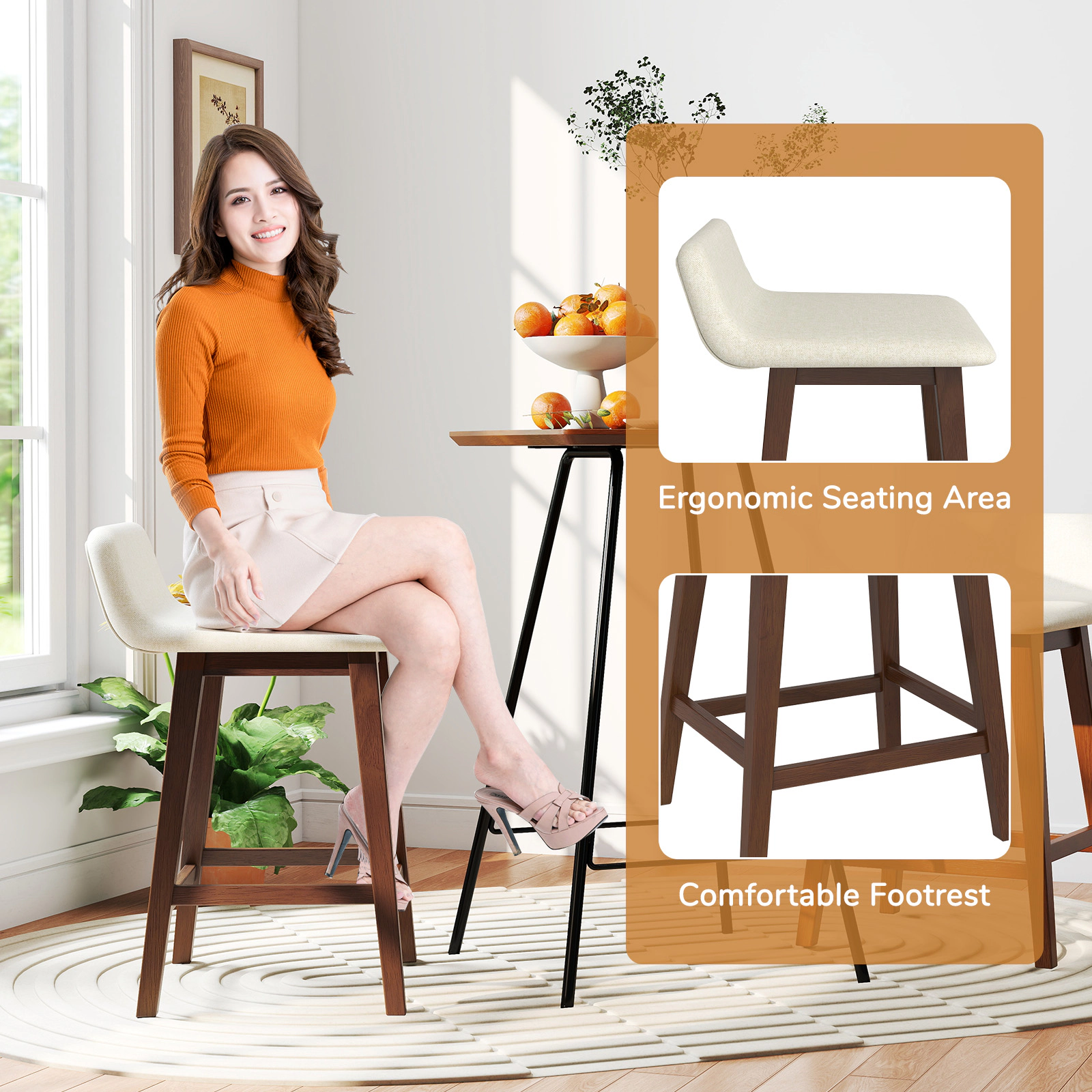 Glintex 2-Piece 24-Inch Counter Stool Set with Low Back and Faux Linen Seat