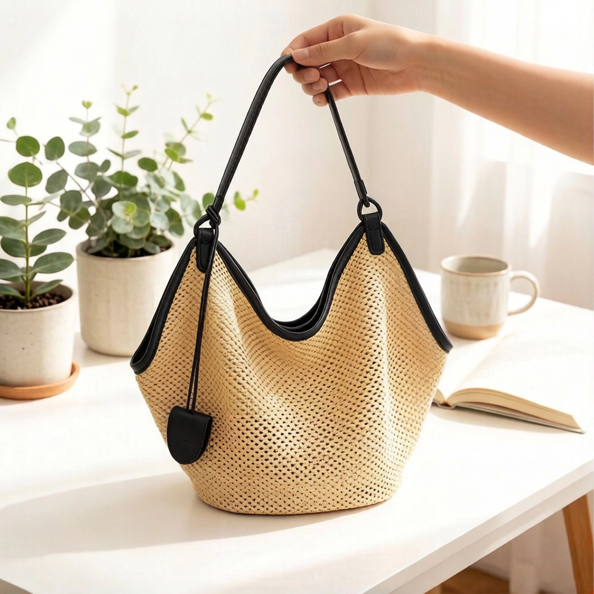 Alilang Women's Woven Shoulder Bag with Faux Leather Trim Slouchy Hobo Handbag Lightweight Large Capacity Tote
