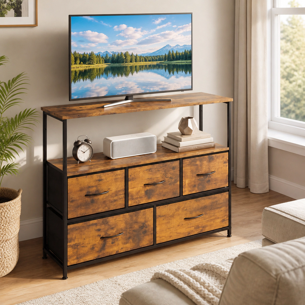 SUGIFT 39.5-in TV Stand Dresser for TVs up to 45 in, 5 Fabric Drawers, Open Shelf