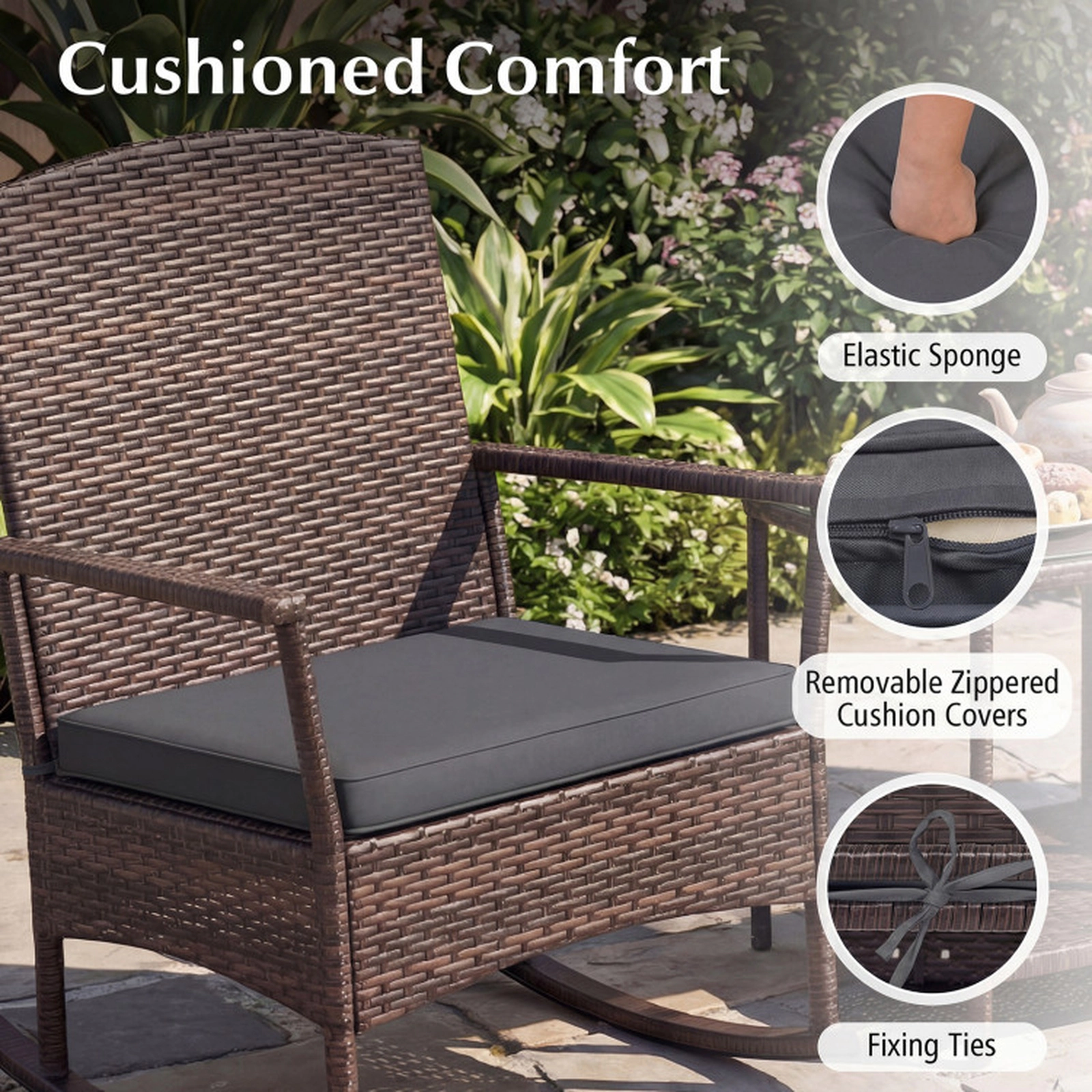 SUGIFT 3-Piece Gray Patio Wicker Rocking Chair Set with 2-Tier Side Table 13.5-in Seat H 400-lb Chair Capacity