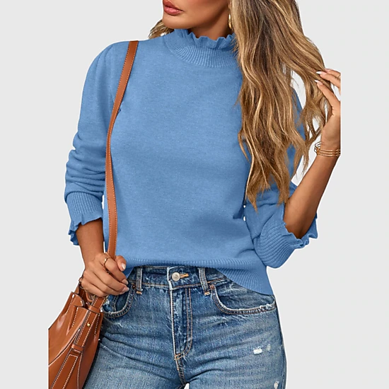 YesFashion Women's Ruffle Mock Neck Sweater Casual Long Puff Sleeve Soft Knit Pullover Tops