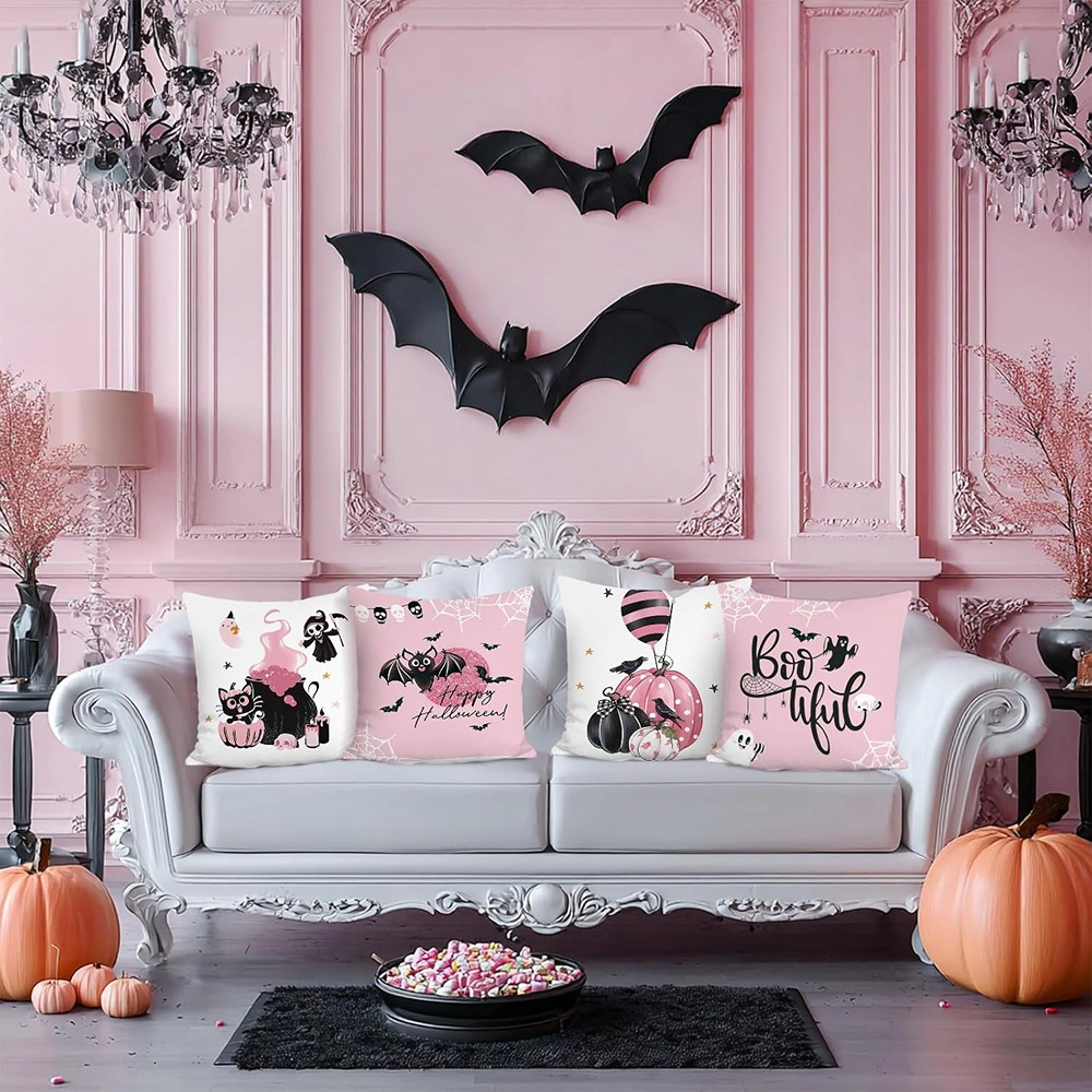 ACPJR Halloween Throw Pillow Covers Set of 4, Black Cat Pumpkin Skull Bat Boo Pink Decorative Pillowcases, 18 x 18 Inch