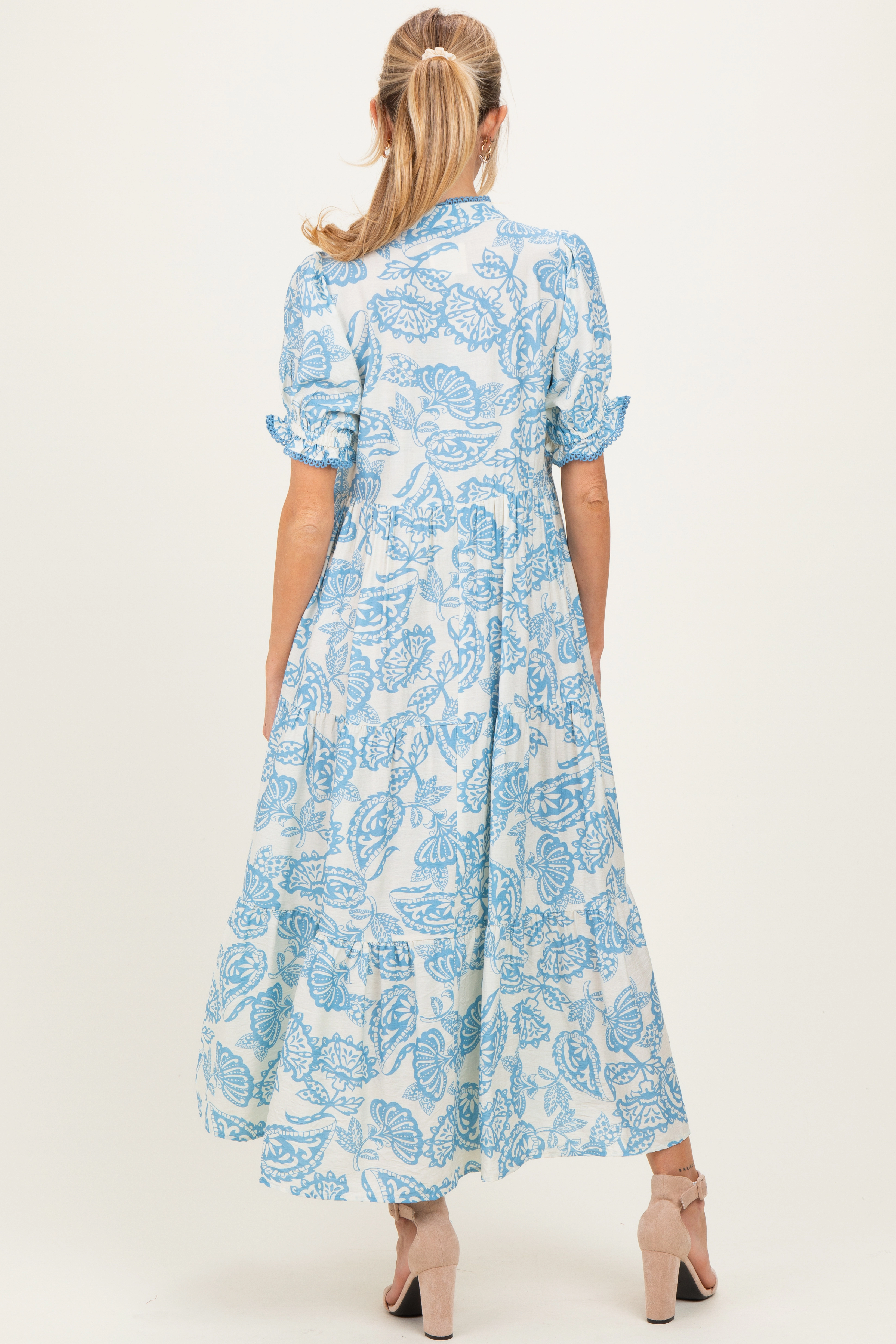 PinkBlush Womens Light Blue Paisley Print Tiered Maternity Midi Dress
