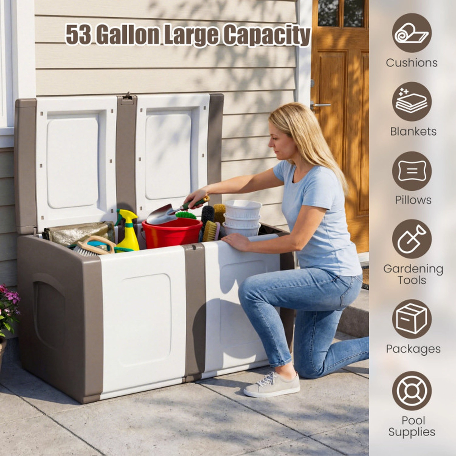 SUGIFT 53 Gallon Patio Storage Container Deck Box 155-lb Capacity 37-in Wide Lockable Lid Beige + White/Gray + White