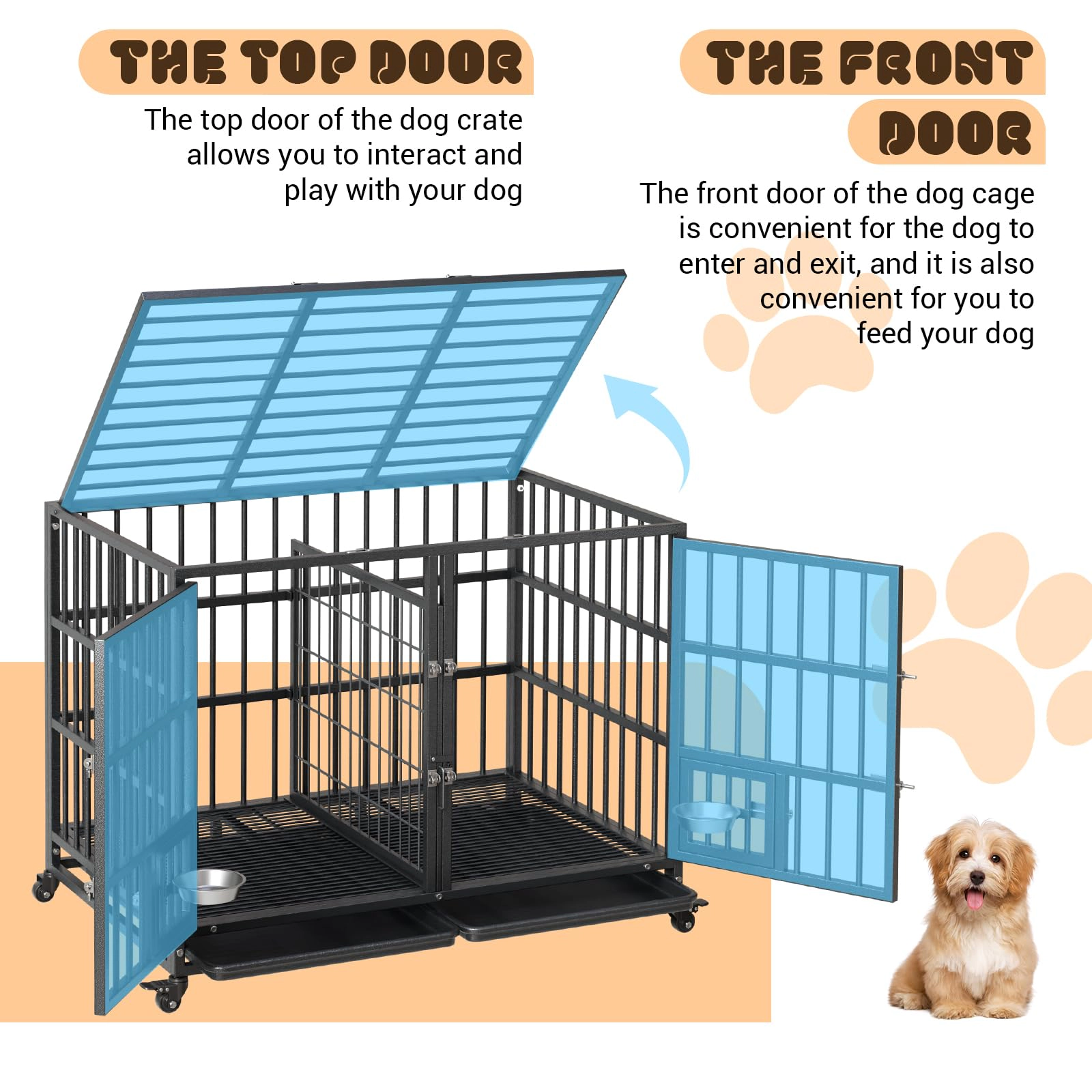 Heavy Duty Extra Large Metal Dog Crate with Roof Top, 2 Doors, Removable Tray & Wheels for High Anxiety Giant Breeds