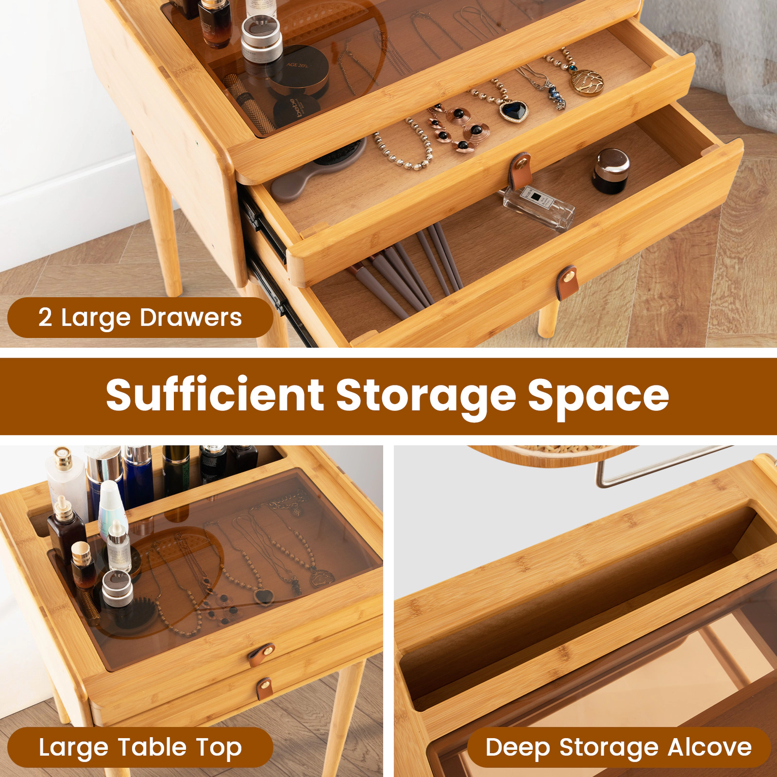 SUGIFT Bamboo Makeup Vanity Table Natural with Movable Mirror and 2 Storage Drawers