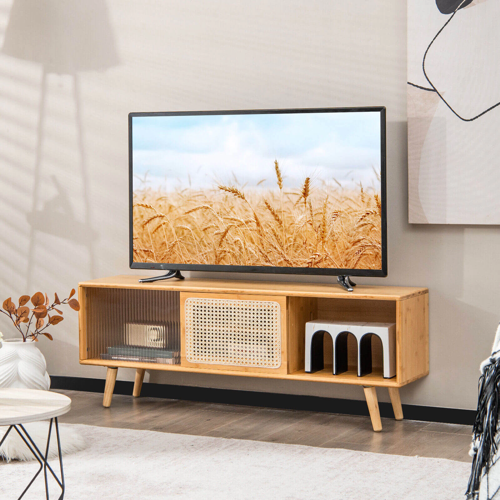 SUGIFT 47.5-In Natural Bamboo TV Stand with Rattan Glass Sliding Doors