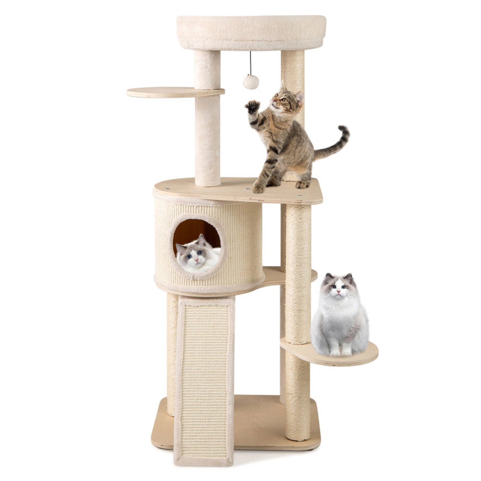 SUGIFT 56-in Natural Birch Plywood Cat Tree with Washable Condo Cover 20-in Padded Perch and Ladder