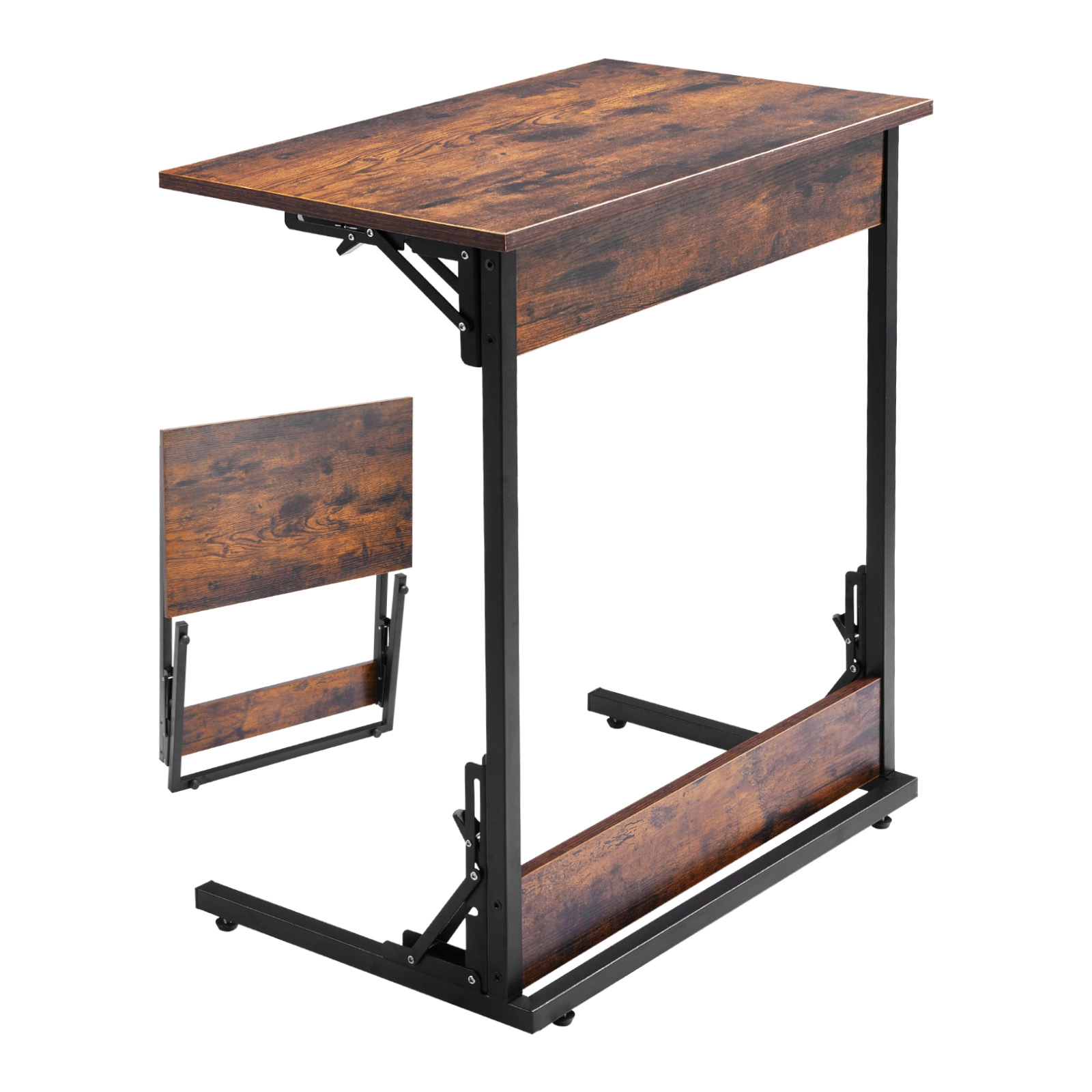 HONGGE Foldable C-Shaped End Table with Iron Frame and Adjustable Feet, 23.62 x 14.57 x 27.56 Inches