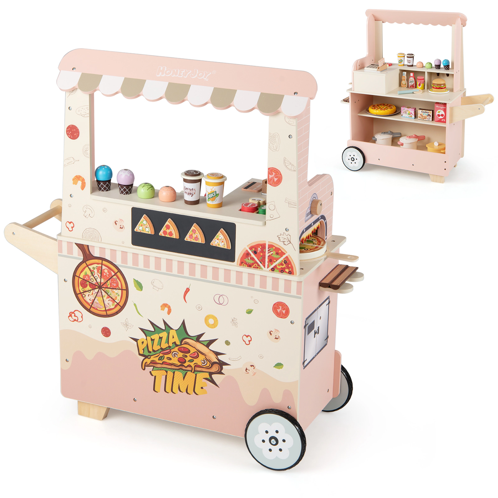 LJG Kids Pizza Food Truck Wooden Pretend Play Snack Cart with Oven