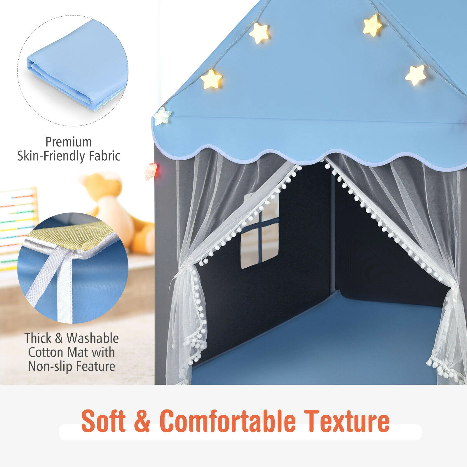 SUGIFT Kids Playhouse Tent with Colorful Star Lights and Cotton Mat Mesh Windows Blue