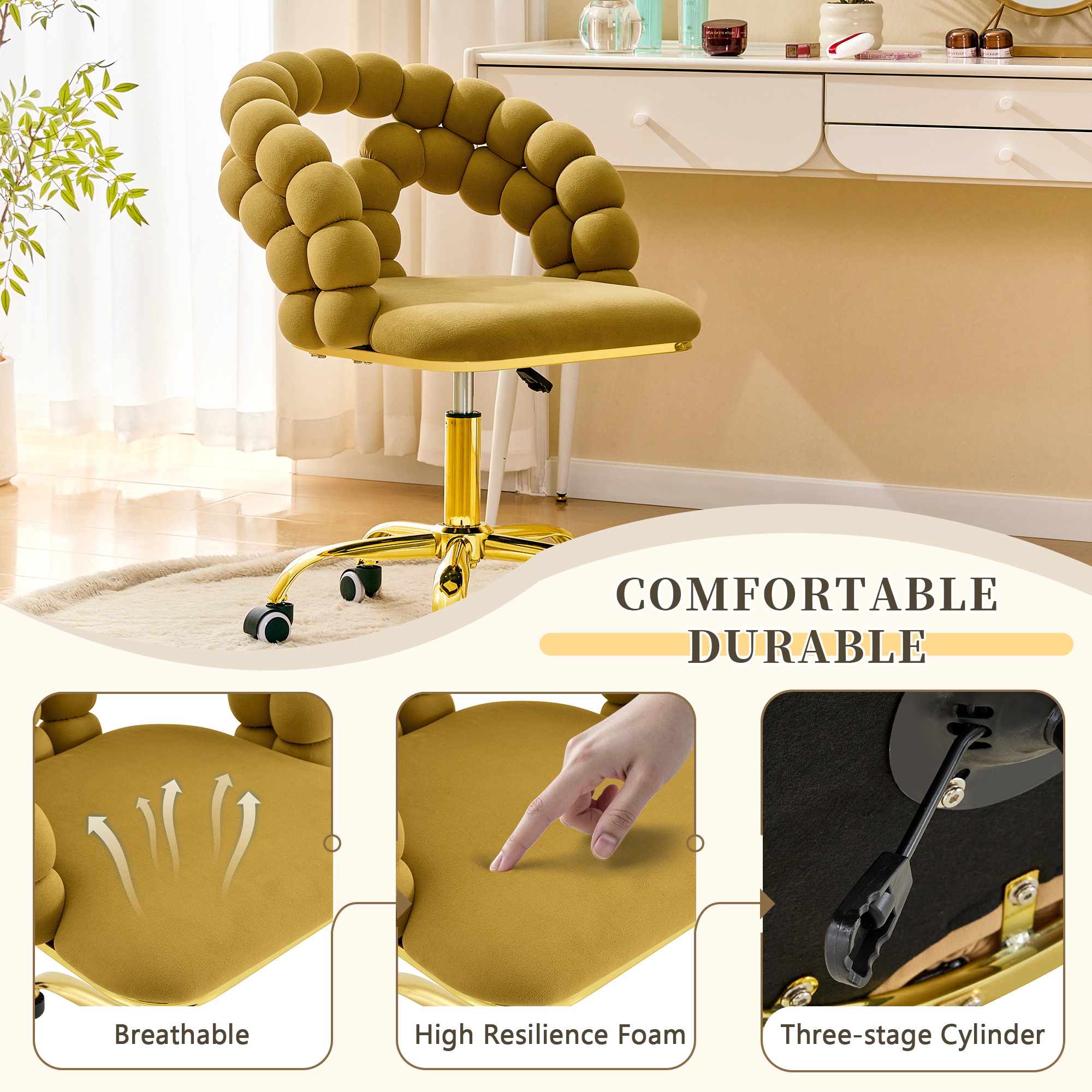 Platinum-Level Office Chairs Mustard Yellow Velvet Bubble Back Swivel Vanity Chair with Gold Base