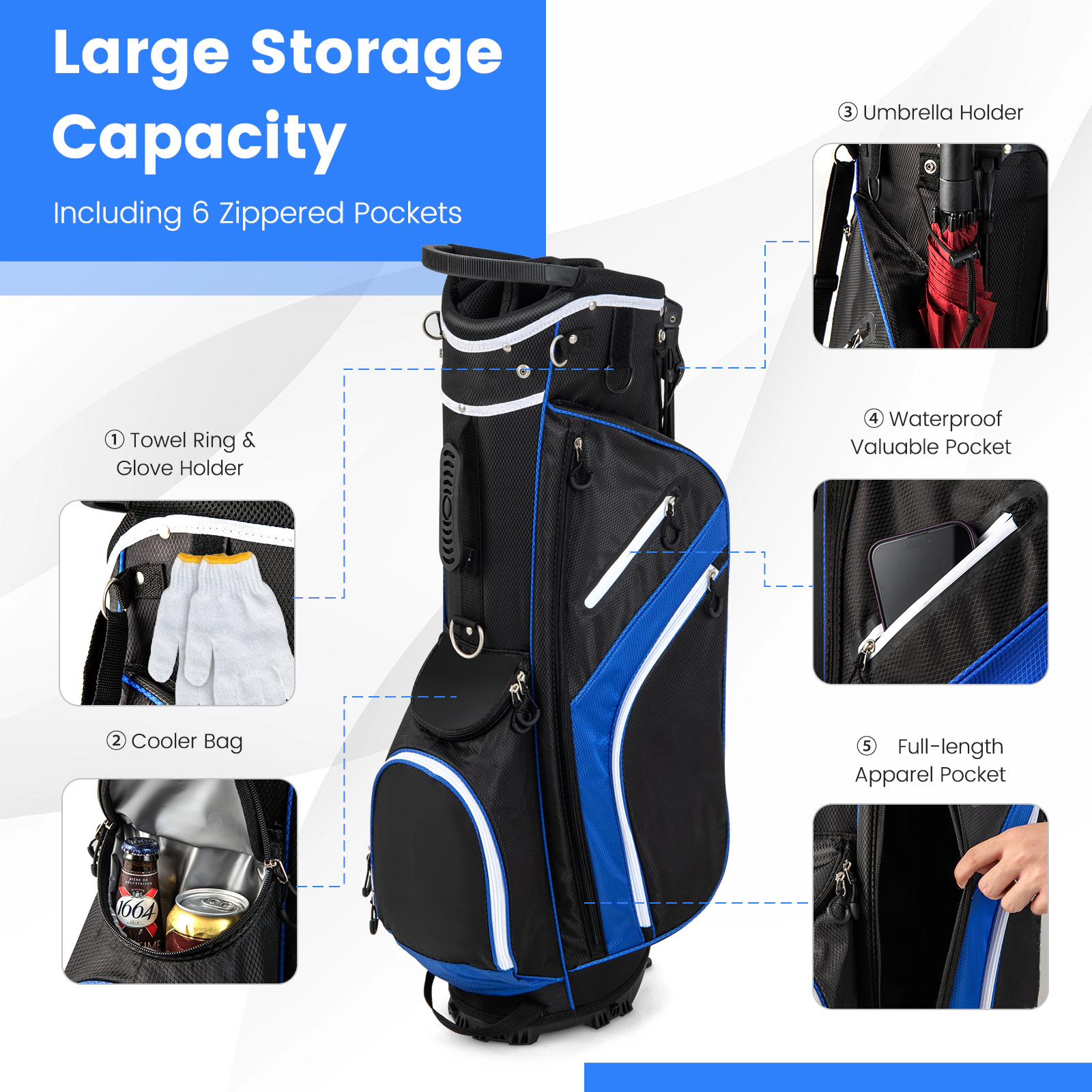 SUGIFT Blue 14-Way Top Dividers 6 Pockets and Hip Cushion Lightweight Golf Stand Bag