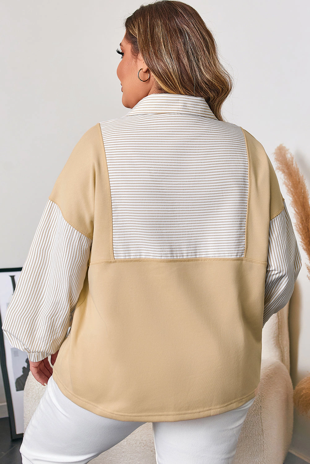 Threaded Pear Women's Khaki Stripe Mix Half Zip French Terry Plus Sweatshirt