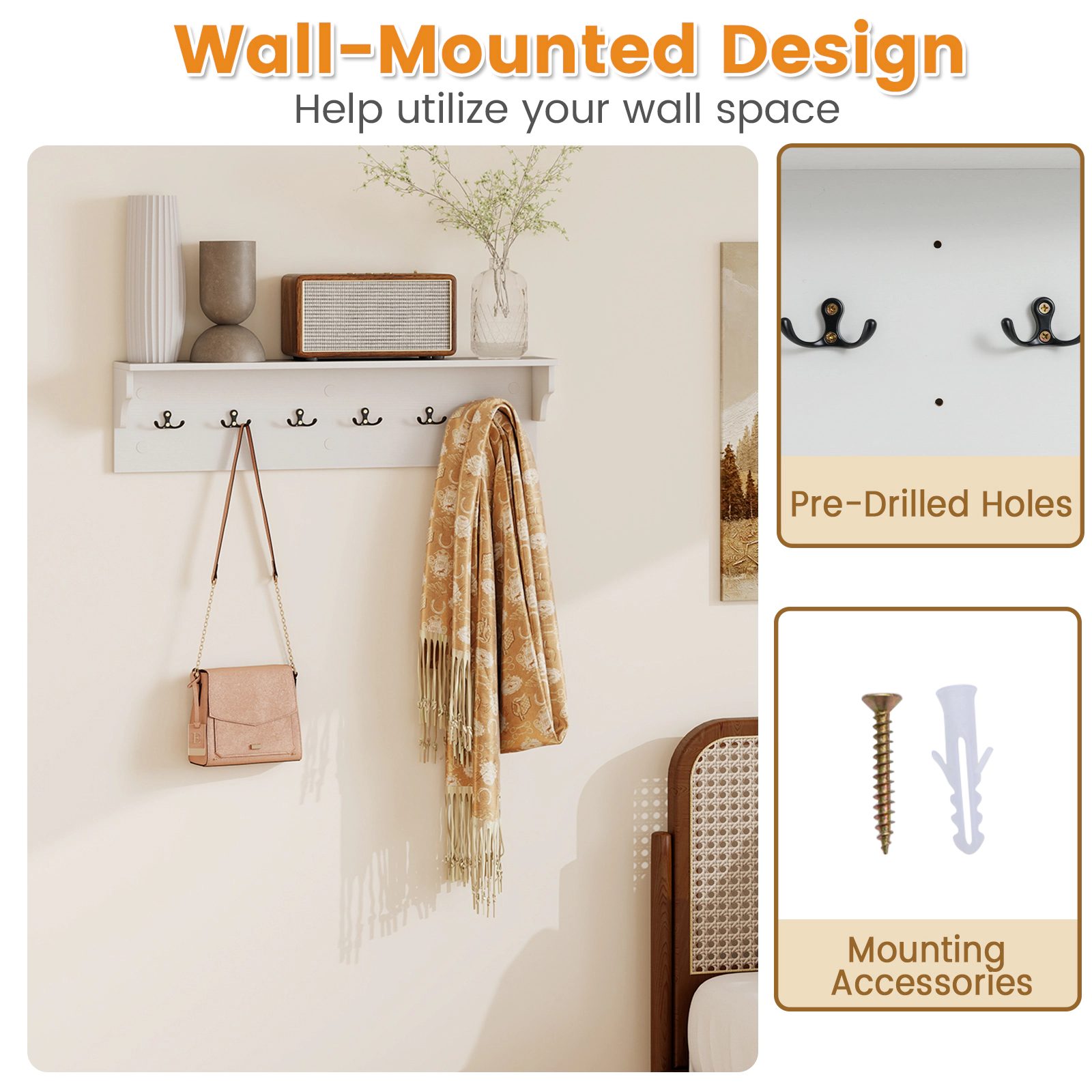 SUGIFT 31.5-in Wooden Wall Mounted Coat and Hat Rack with Display Shelf and 6 Hooks for Towels and Robes