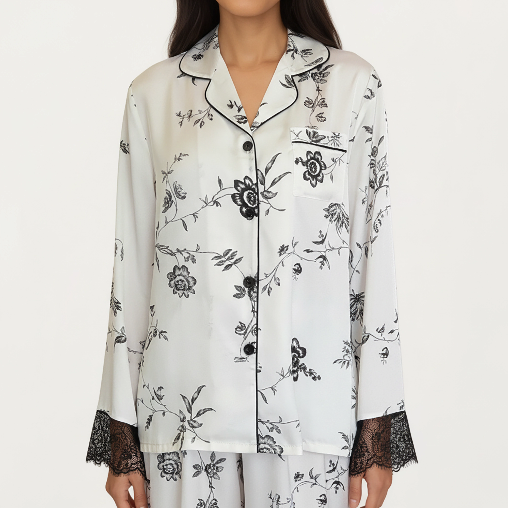 Anna-Kaci Women's Satin Pajama Set with Floral Print and Lace Trim Cuffs Hem