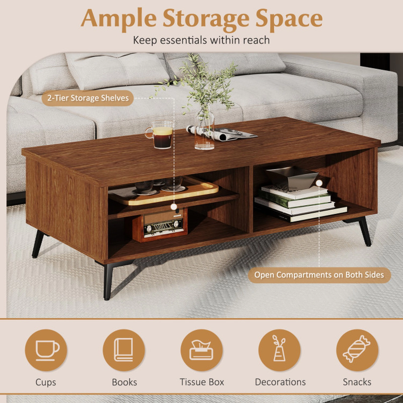 SUGIFT 47-in 176-lb Capacity 2-Tier Mid Century Modern Walnut Coffee Table with Metal Legs and Side Compartments