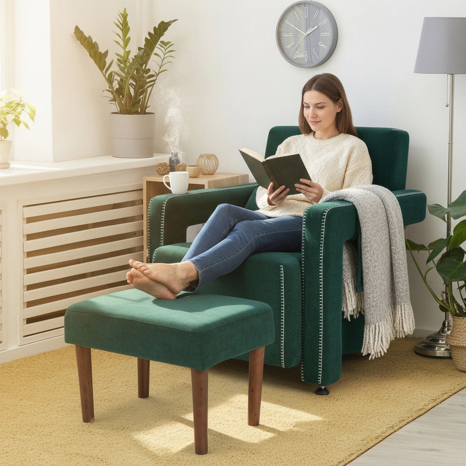 SUGIFT Green Berber Fleece Reading Chair with Matching Ottoman, 330 lb Capacity