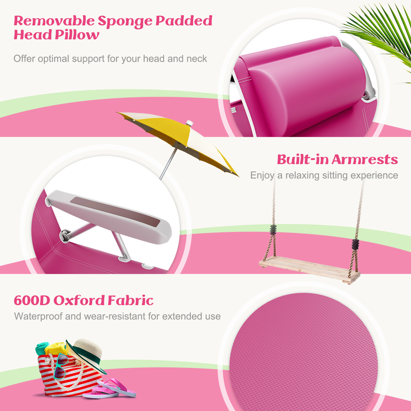 SUGIFT 5-Position Foldable Backpack Beach Chair with Cup Holder and Storage Pockets 330-lb Capacity Set of 2 Pink