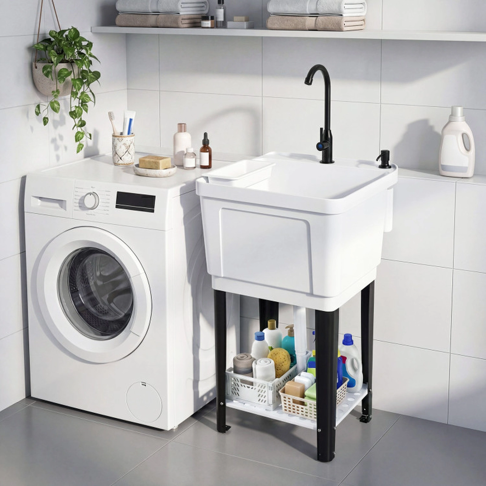 SUGIFT 21.1-gal Freestanding Utility Sink with 360-Degree Rotating Faucet Storage Rack and Adjustable Legs