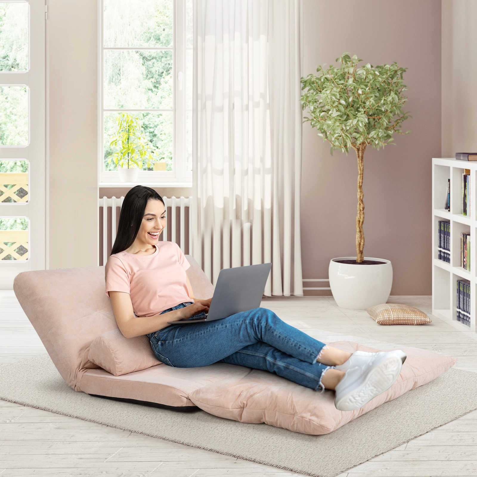 SUGIFT 6-Position Adjustable 330-lb Capacity Beige Corduroy Folding Floor Sofa Bed and Sleeper Couch