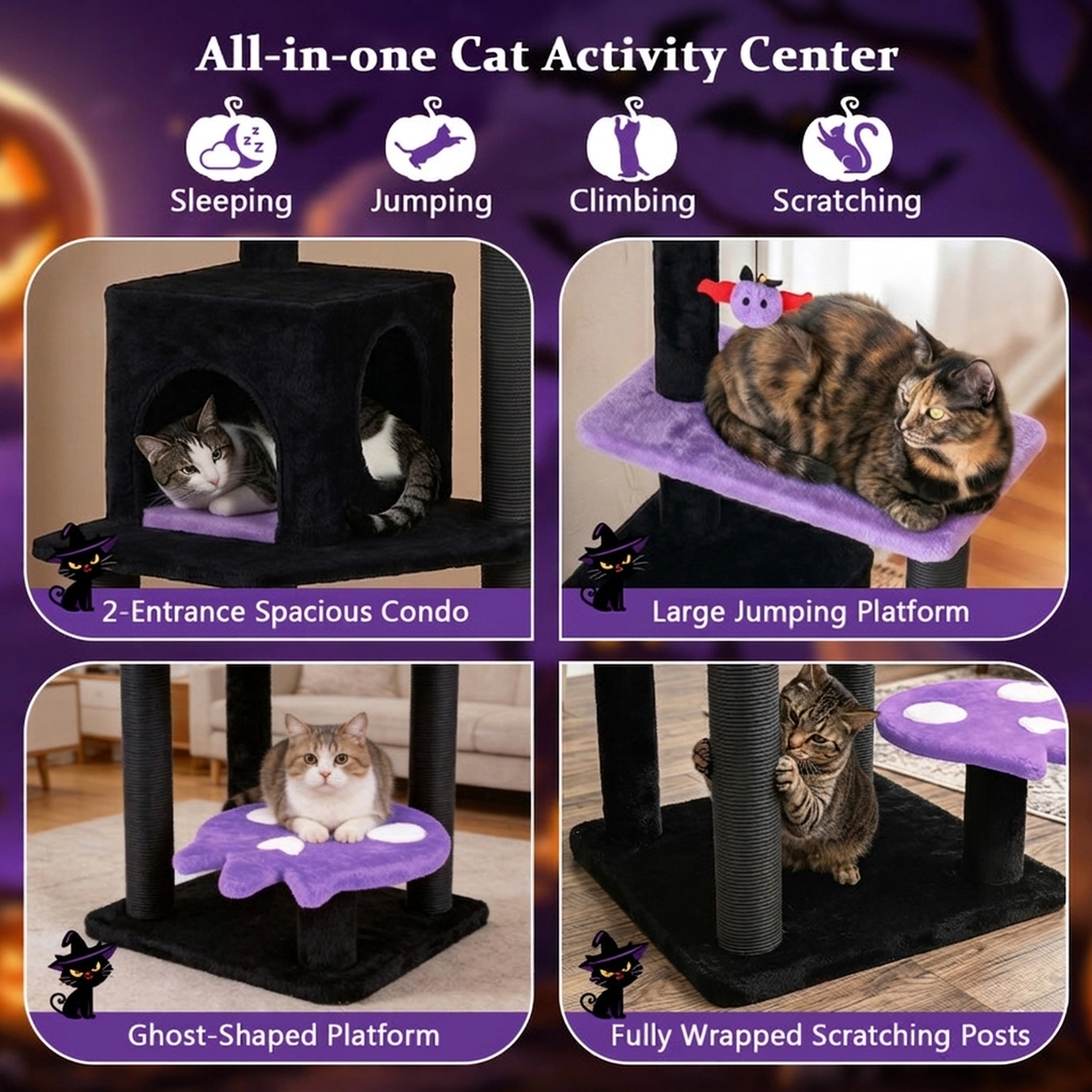 SUGIFT Purple 57 in Spooky Cat Tower with Ghost Platform and Spider Hanging Toy