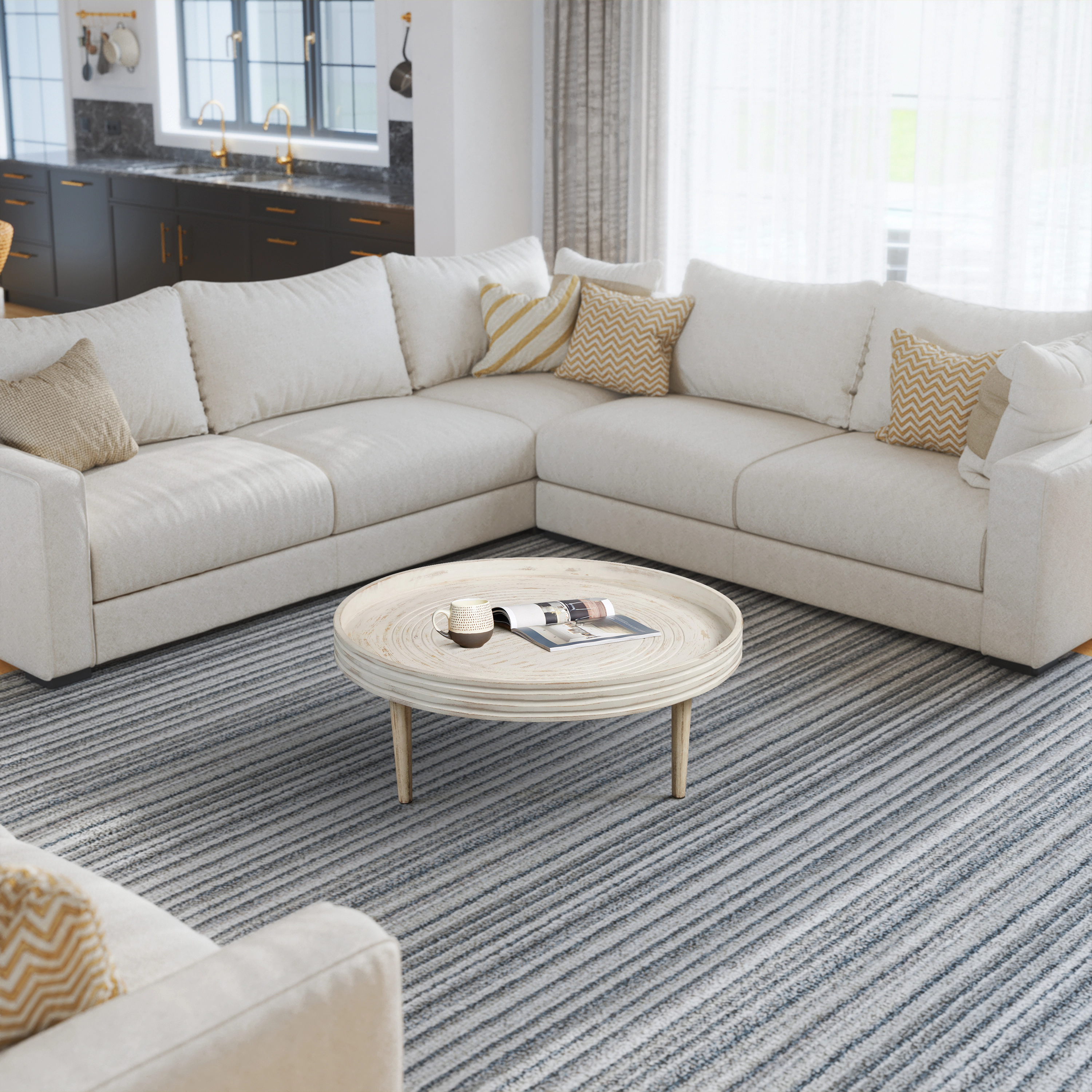 The Urban Port 33 Inch Coffee Table, Solid Mango Wood, Handcrafted Round Grooved Raised Edge, Distressed White