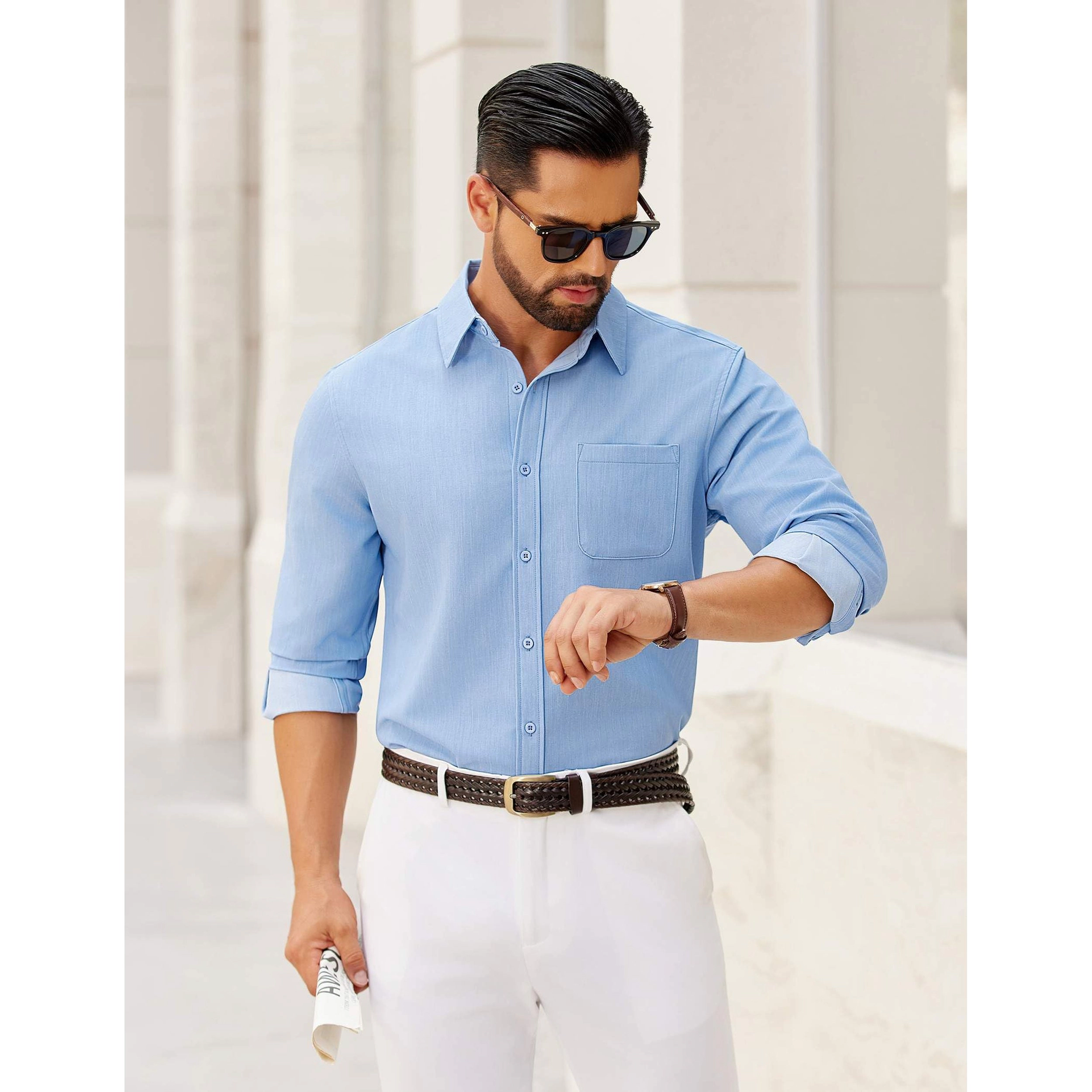 COOFANDY Mens Long Sleeve Button Down Shirt Classic Collar Chest Pocket Casual Tops