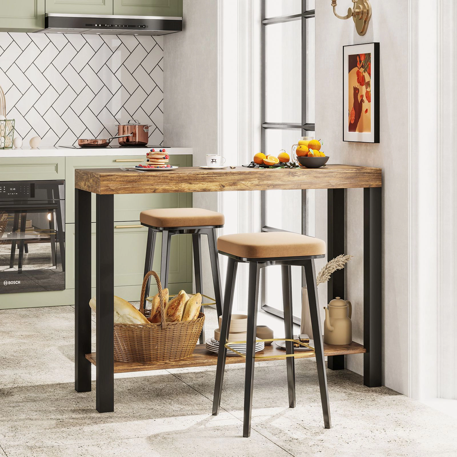 SlickBlue Rustic Bar Table with Storage Shelf and 48 Inch Long Wood Top