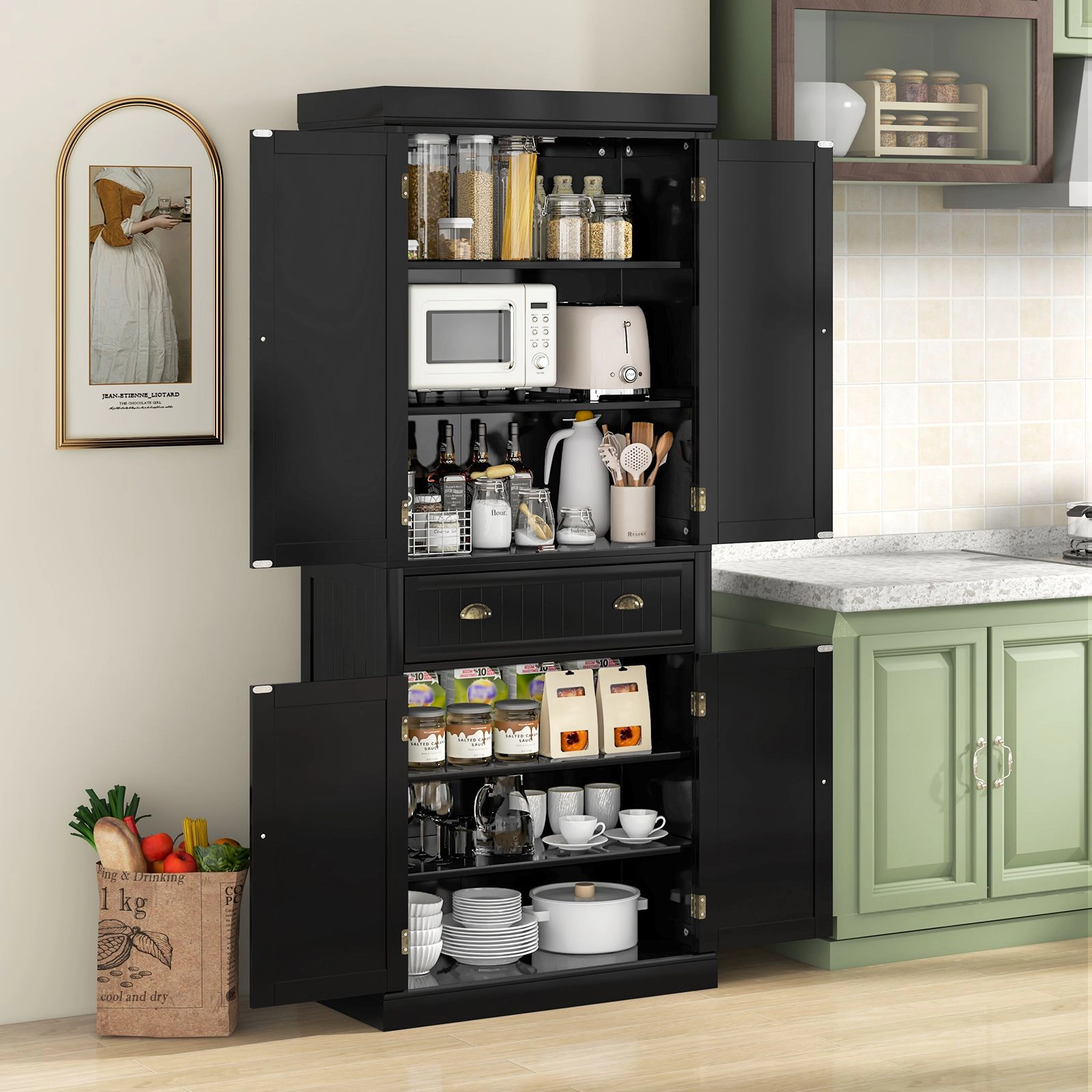 SlickBlue Freestanding Pantry Storage Cabinet with 4 Doors for Kitchen Organization